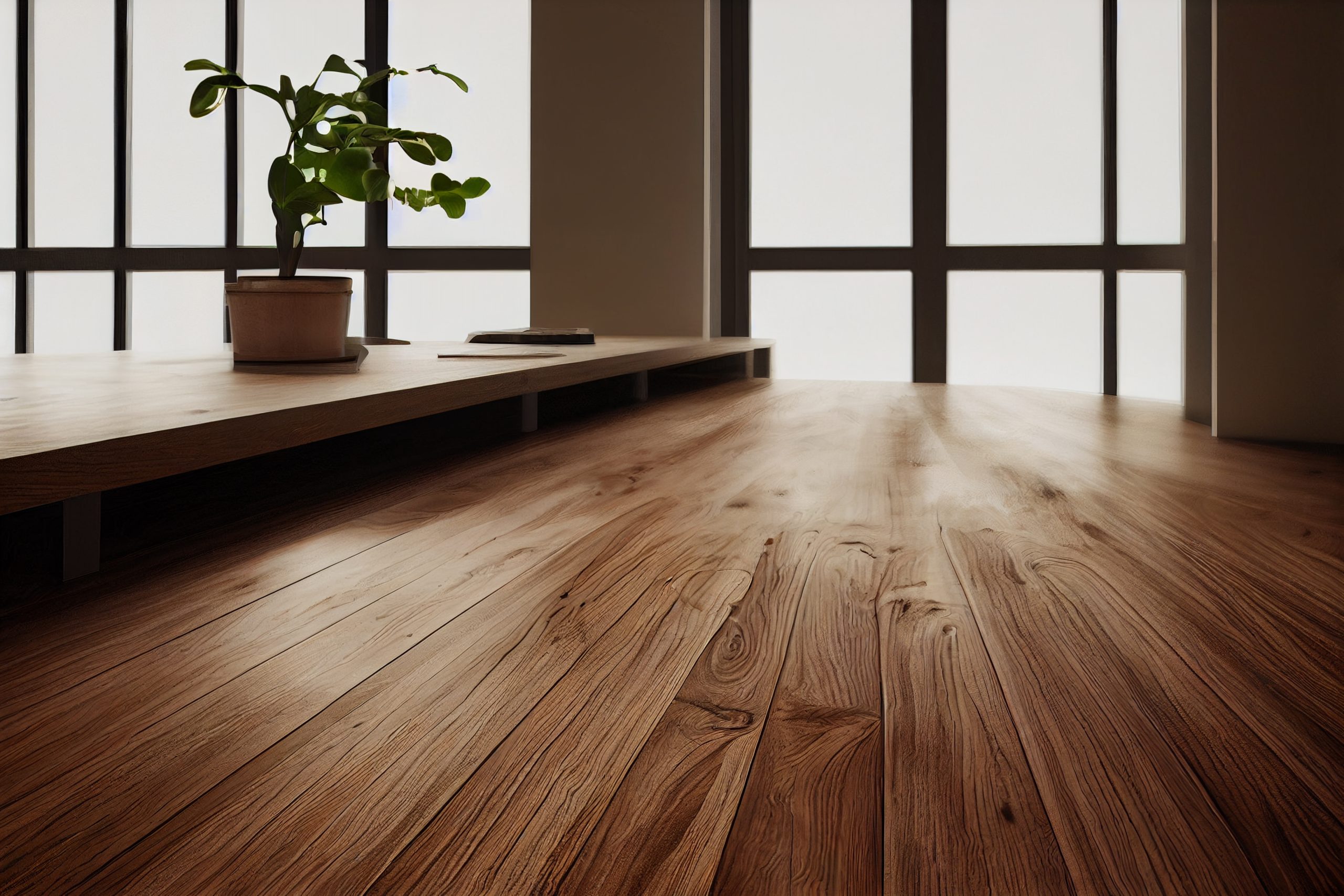 Warm oak-effect wood flooring in a bright room with large windows
