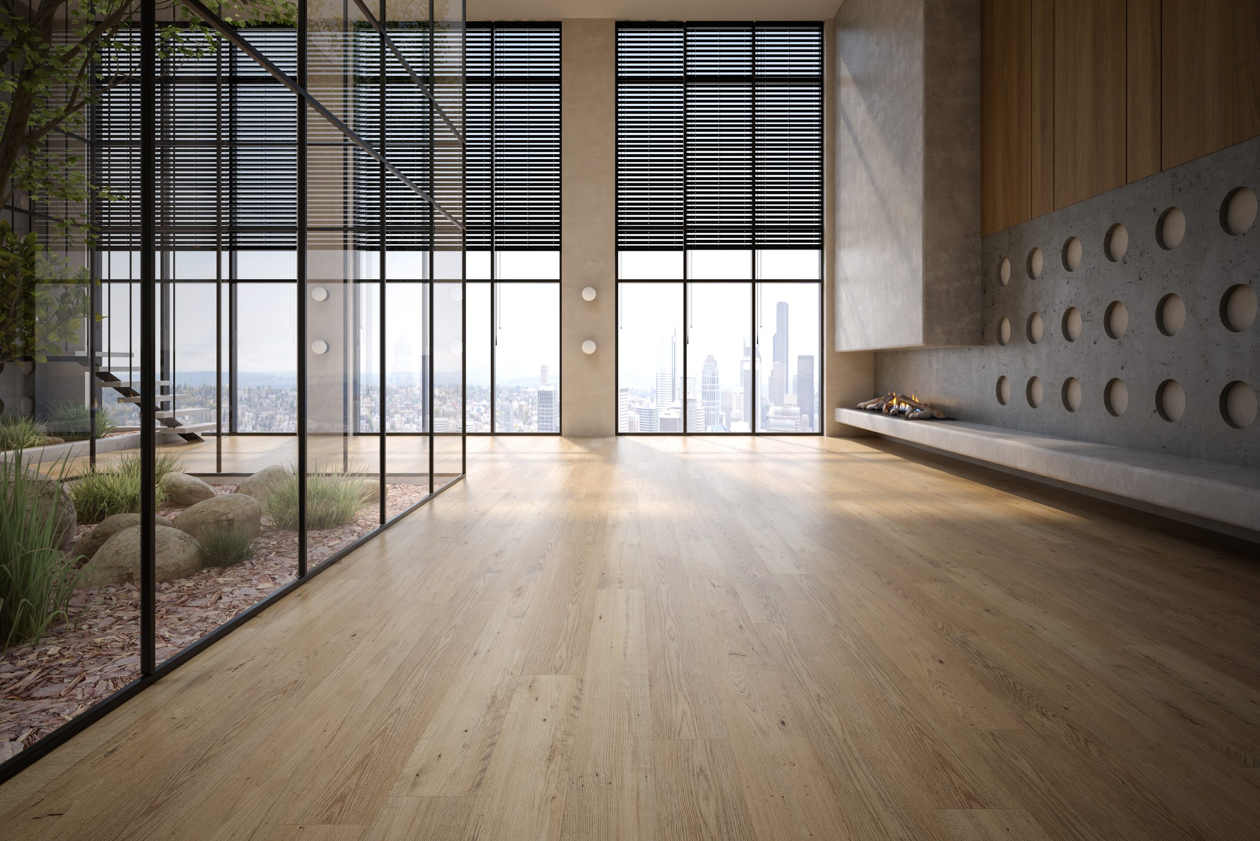 Light oak flooring in a modern open-plan living space with floor-to-ceiling windows and a city skyline view