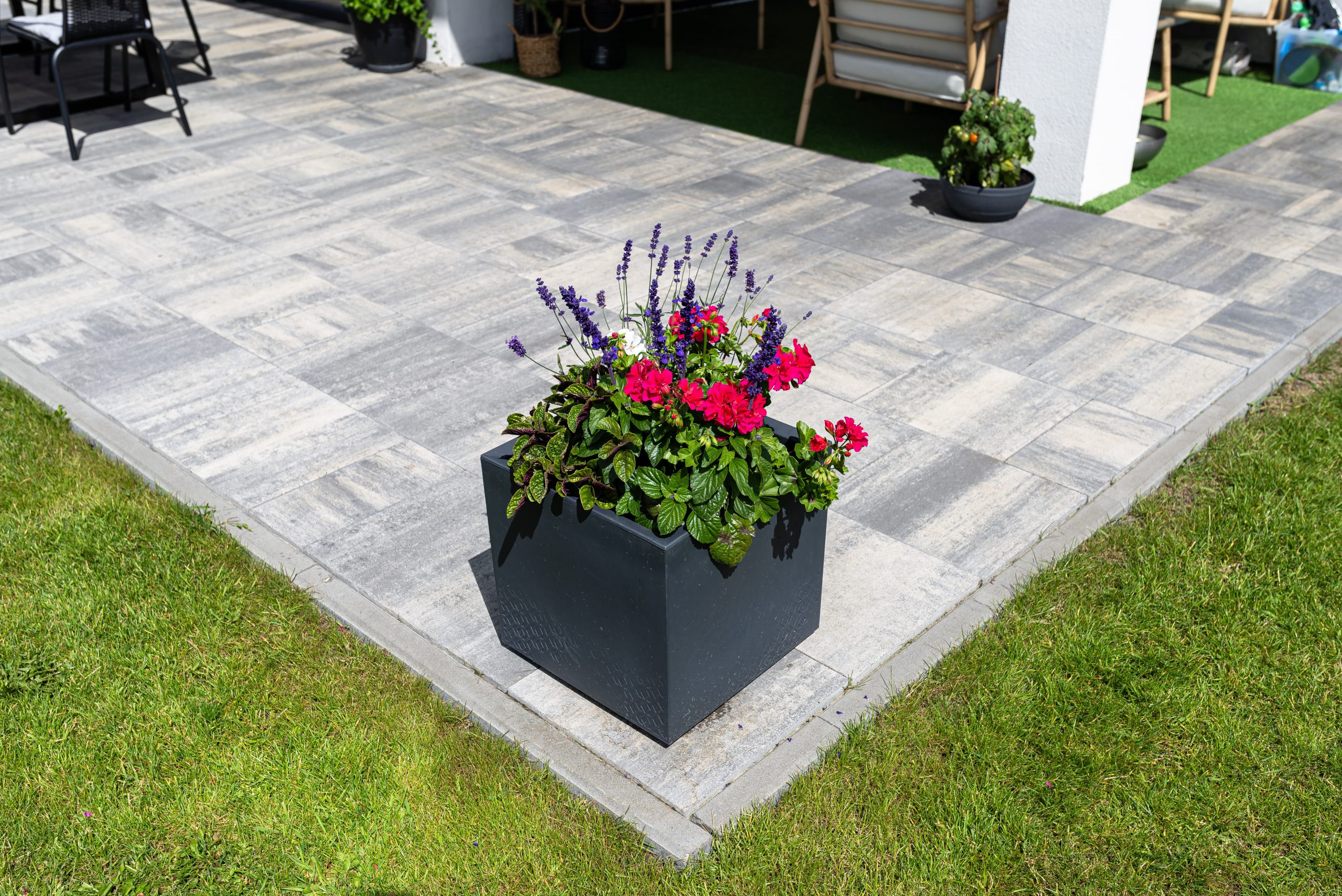 Grey paved patio with a black planter of red flowers and lavender, part of a landscaped garden